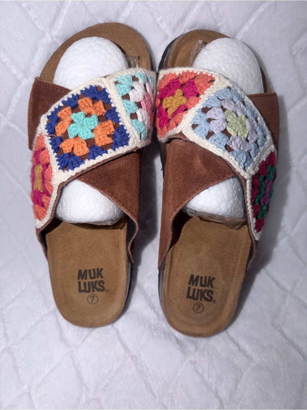 Muk Luks Brown Slide Sandals with Multicolor Crochet Accents